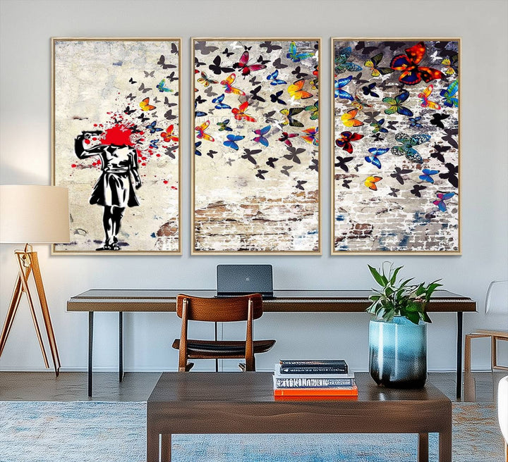 Banksy Art Butterfly Girl Explosion: Vibrant urban graffiti canvas for modern interiors, ready to hang.