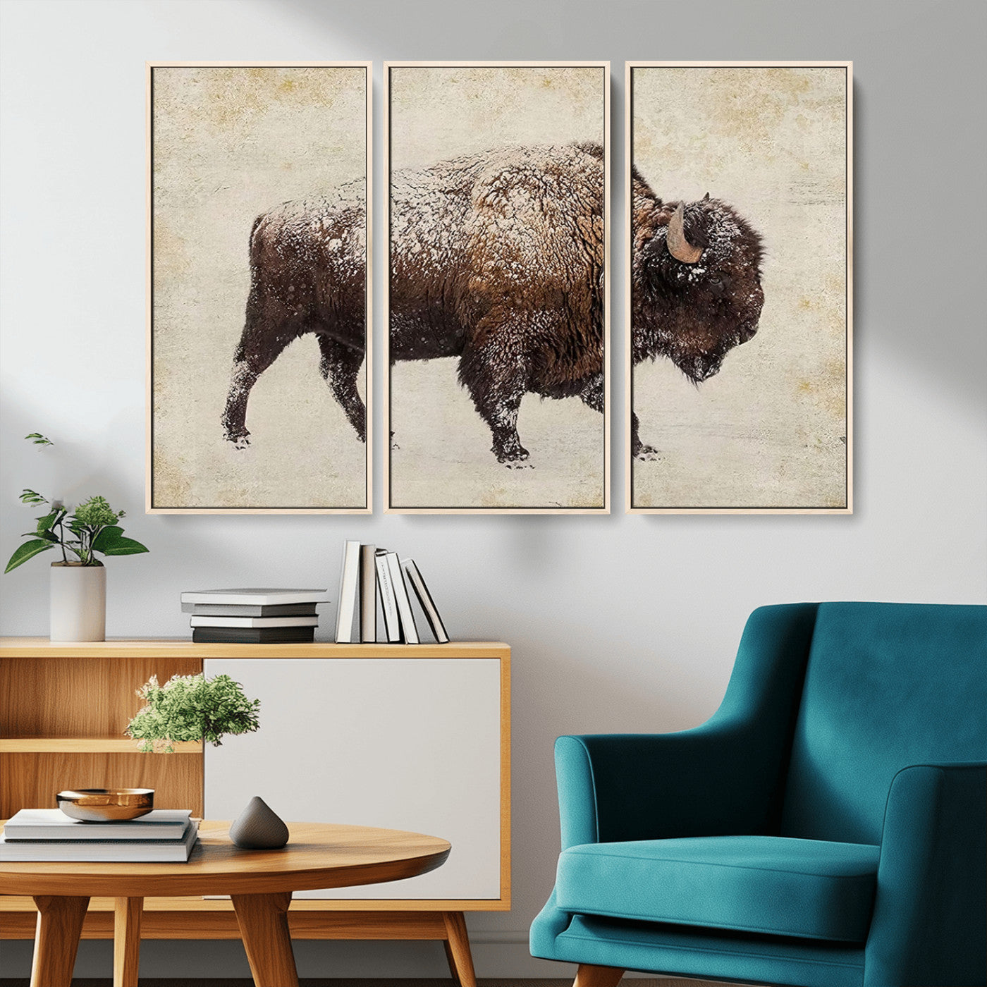 MGV-FC-48X32-3P - Buffalo Wall Art, Western Bison Canvas Print, Rustic Buffalo Art for Cowboy Western Decor, Large Multi-Panel Giclee Canvas for Farmhouse Wall Decor