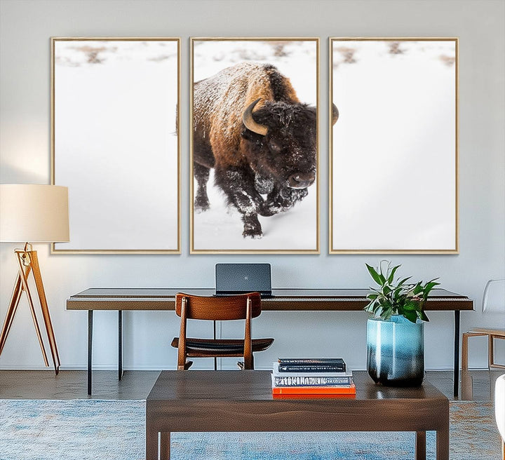 Bison Winter Wall Art Canvas Print for farmhouse decor.