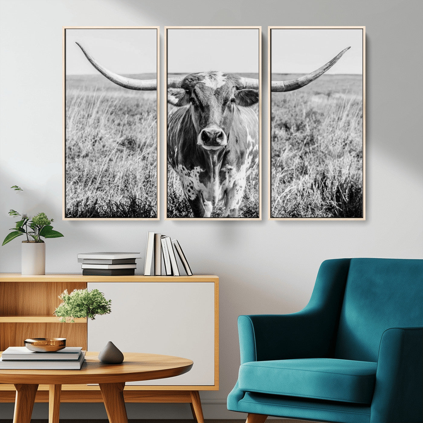 MGV-FC-48X32-3P - Texas Cow Longhorn Wall Art Canvas Print for Farm House Wall Decor, Farmhouse Wall Art Print