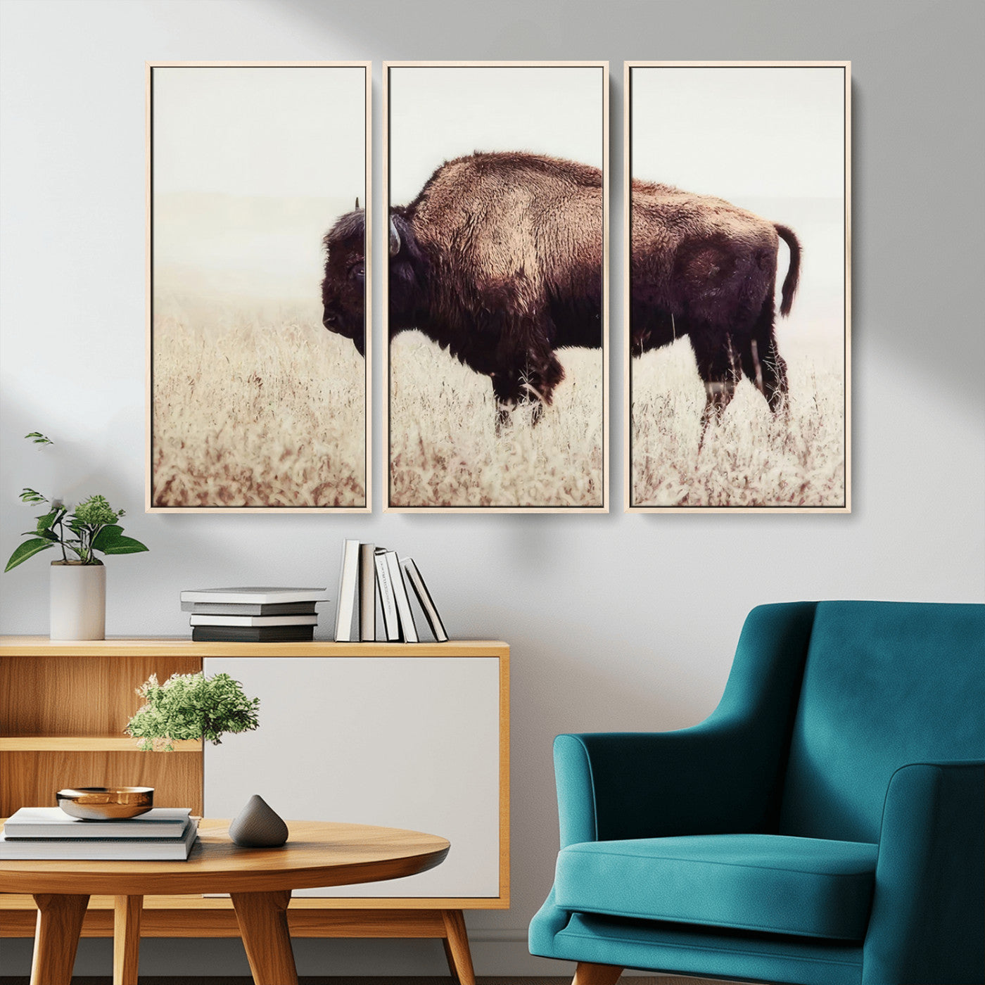 MGV-FC-48X32-3P - Bison in Field Wall Art Canvas Print For Farmhouse Barn Decor