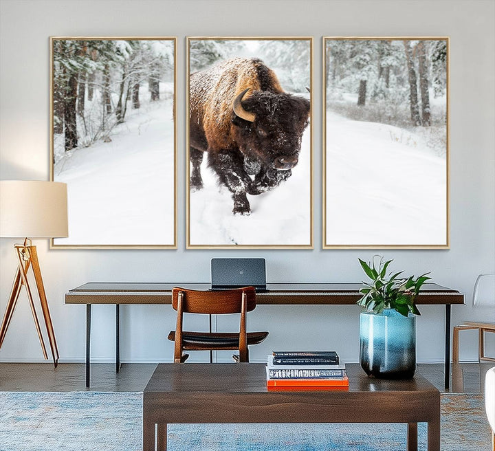 The dining area showcases the Bison Wall Art Canvas Print for Farmhouse.