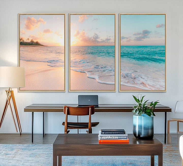 The kitchen features the Beach Sunrise Wall Art, Coastal Sunset Beach Scene.