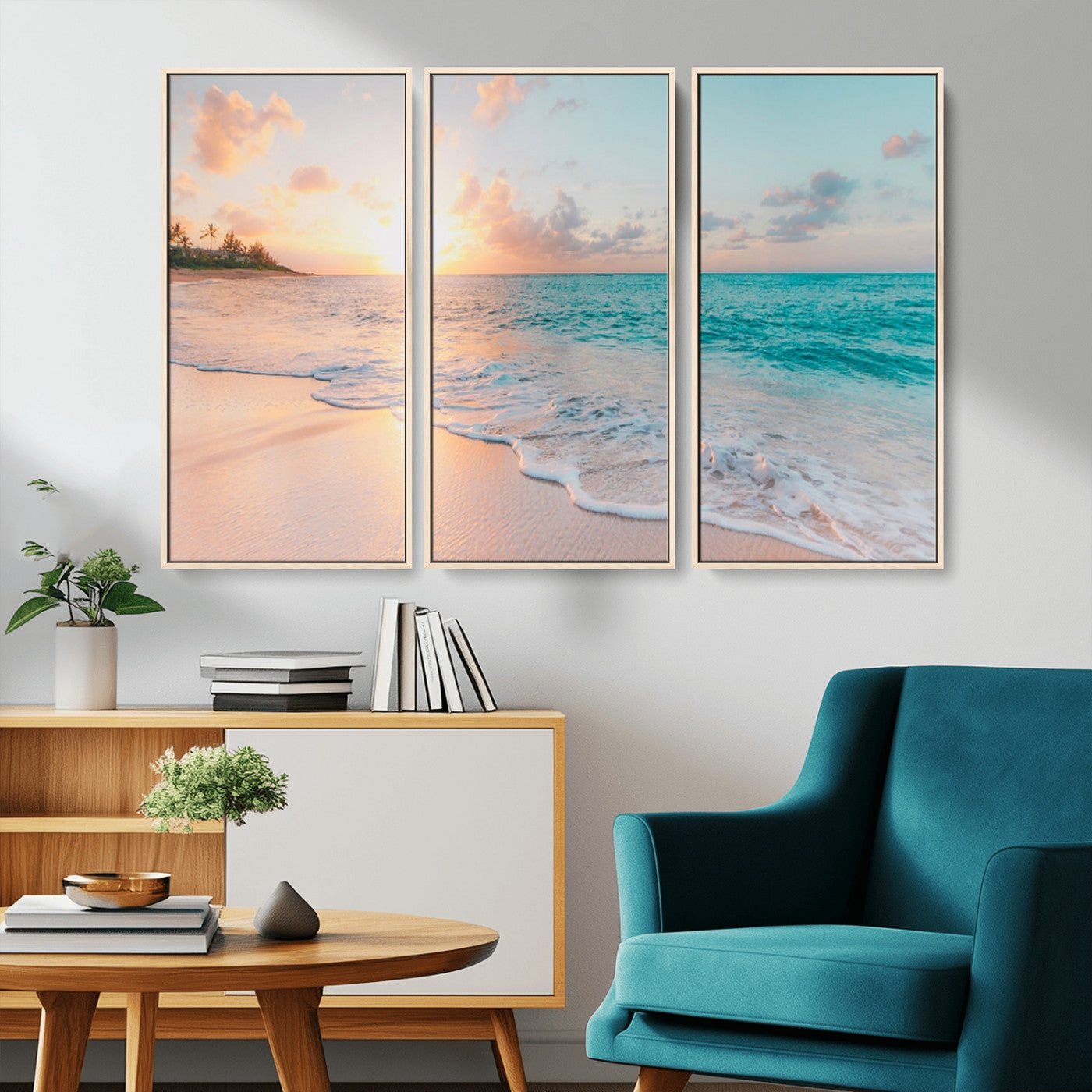 MGV-FC-48X32-3P - Beach Sunrise Wall Art, Coastal Seascape Canvas Print, Ocean Wave Multi-Panel Giclee, Coastal Sunset Beach Scene for Modern Decor