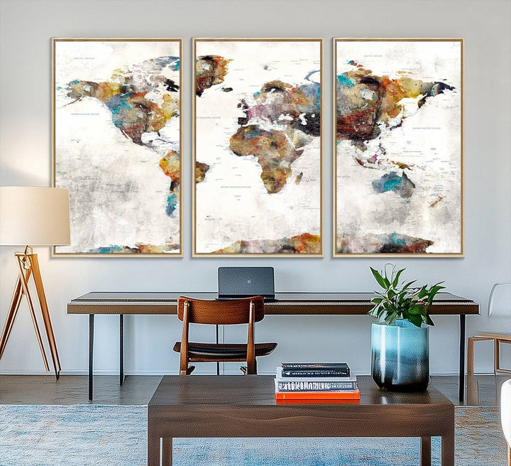 The Colorful World Map Wall Art Canvas Print adds vibrance to the space, ideal for geography lovers.