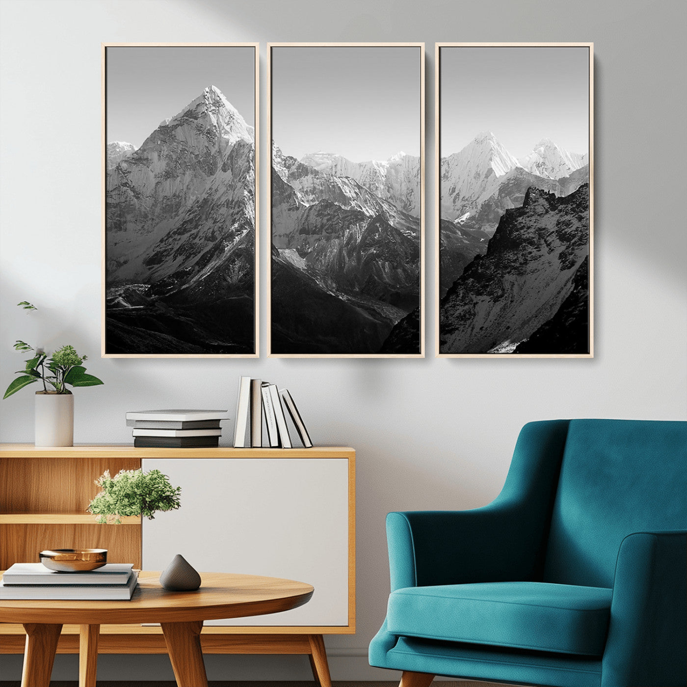 MGV-FC-48X32-3P - Everest Himalaya Mountain Peaks Black & White Triptych Canvas Art – Mountain Wall Decor for Minimalist Interiors