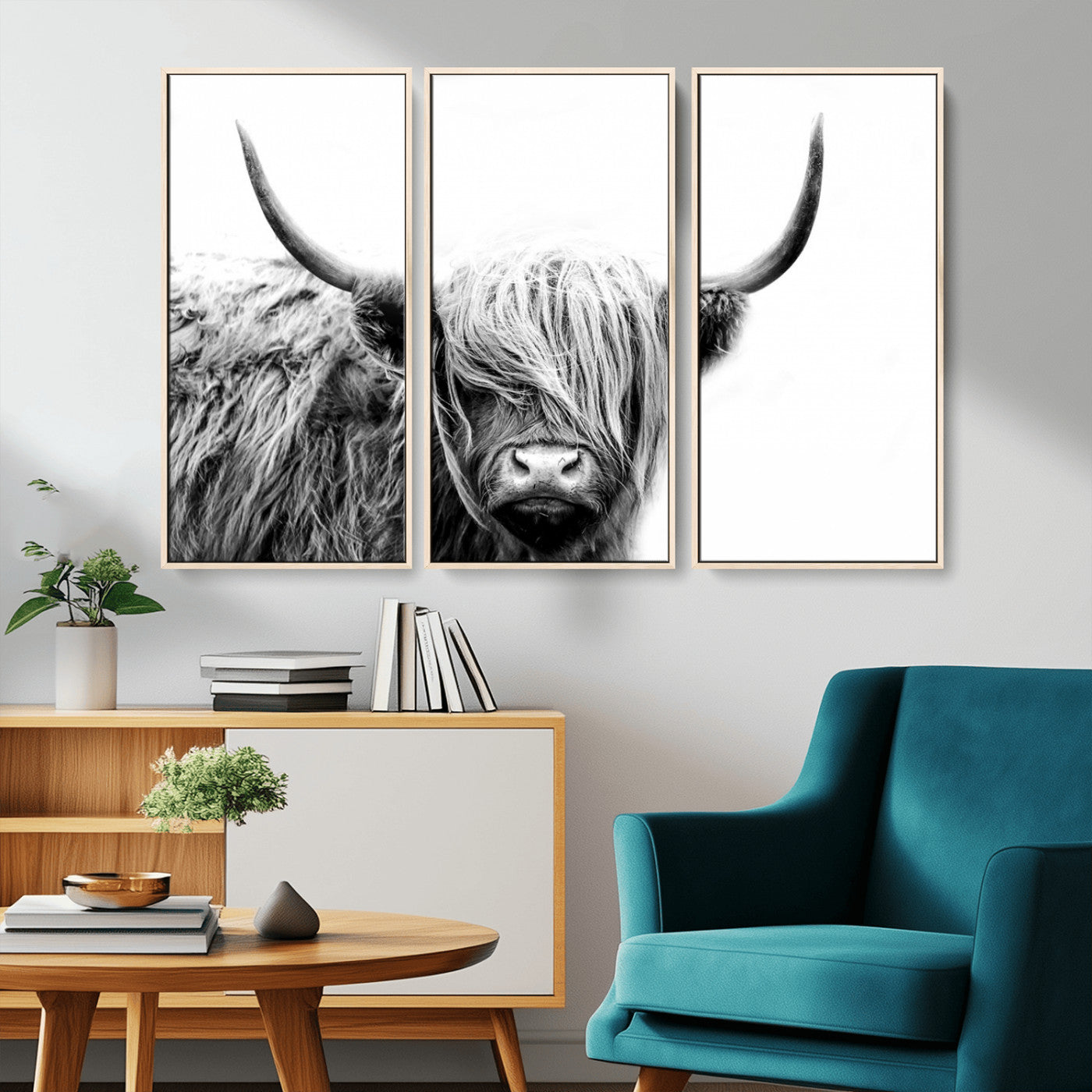 MGV-FC-48X32-3P - Black White Scottish Highland Cow Cattle Art Print Farmhouse Wall Art Canvas Print