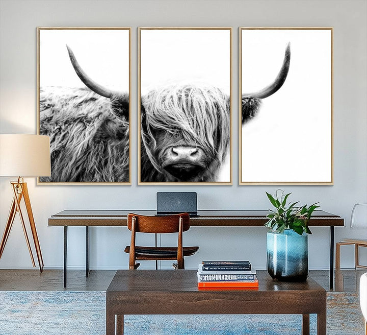 Framed Black and White Scottish Highland Cow Art Print.