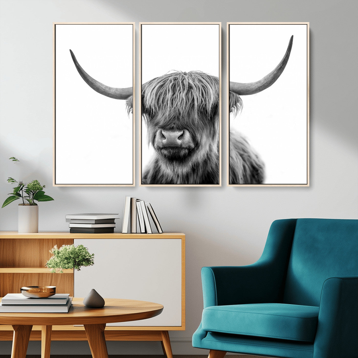 MGV-FC-48X32-3P - Grayscale Scottish Highland Cow Cattle Art Print Farmhouse Wall Art Canvas Print