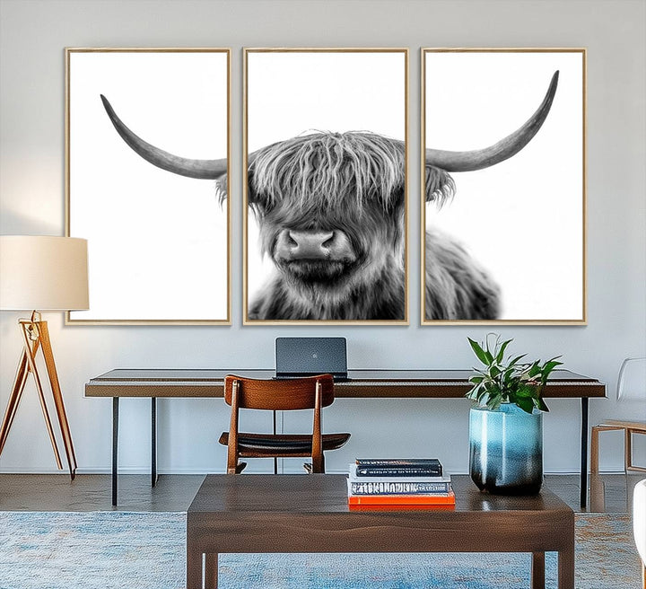 The Grayscale Scottish Highland Cow canvas is a museum-quality piece perfect for your dining room. Enjoy free shipping on this stunning artwork!.