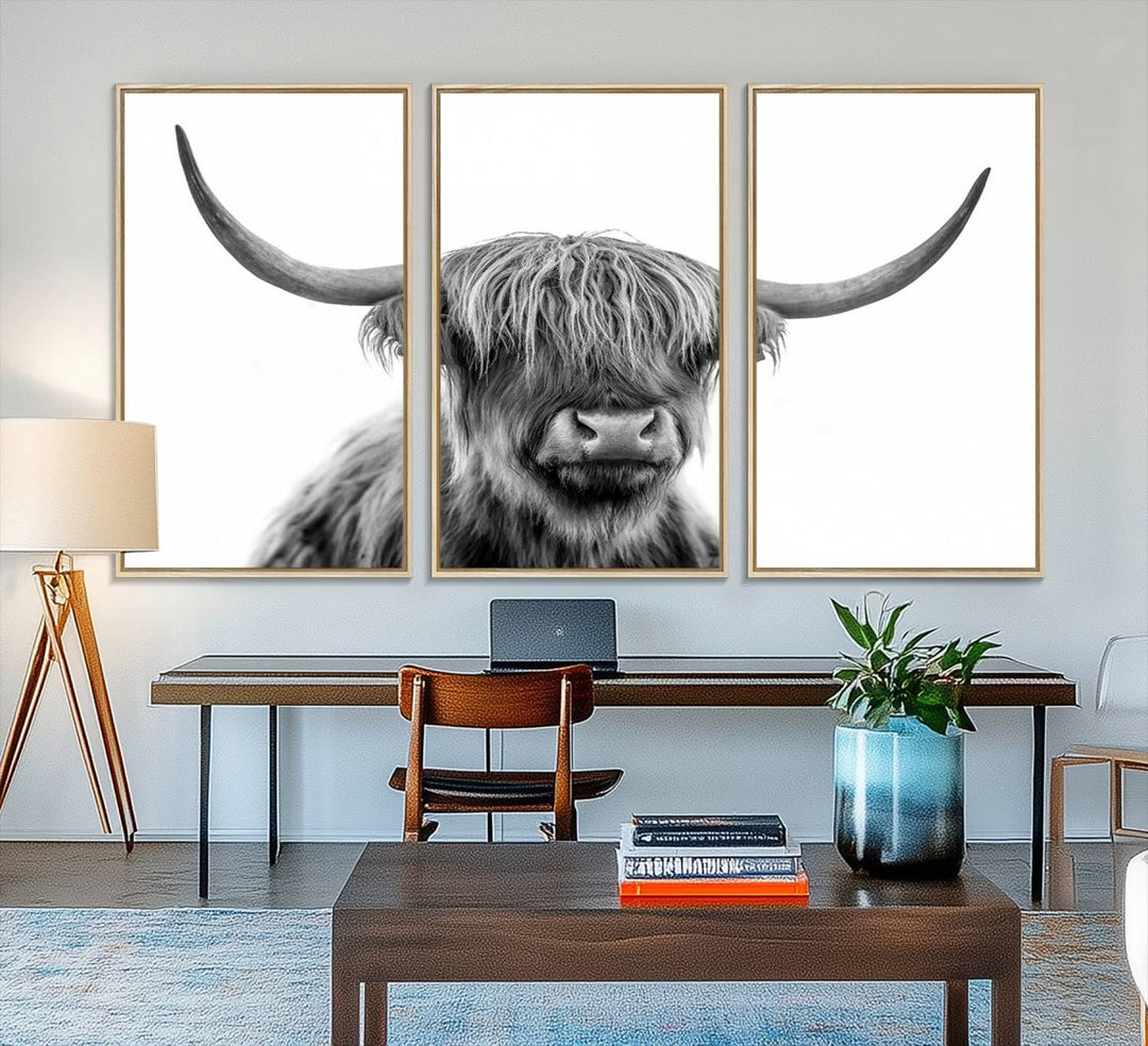 A Scottish Highland Cow Art Canvas adds charm to the farmhouse decor.