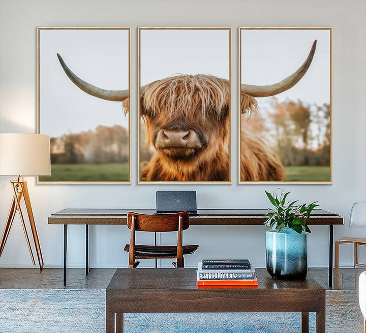 A dining room featuring a Highland Cow Animal Scottish Cattle canvas.