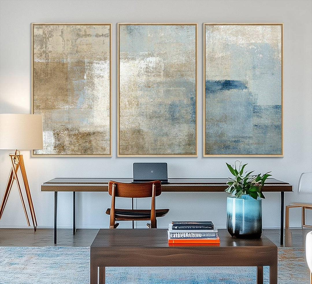 Abstract Blue and Beige Wall Art canvas print set with a modern minimalist aesthetic.