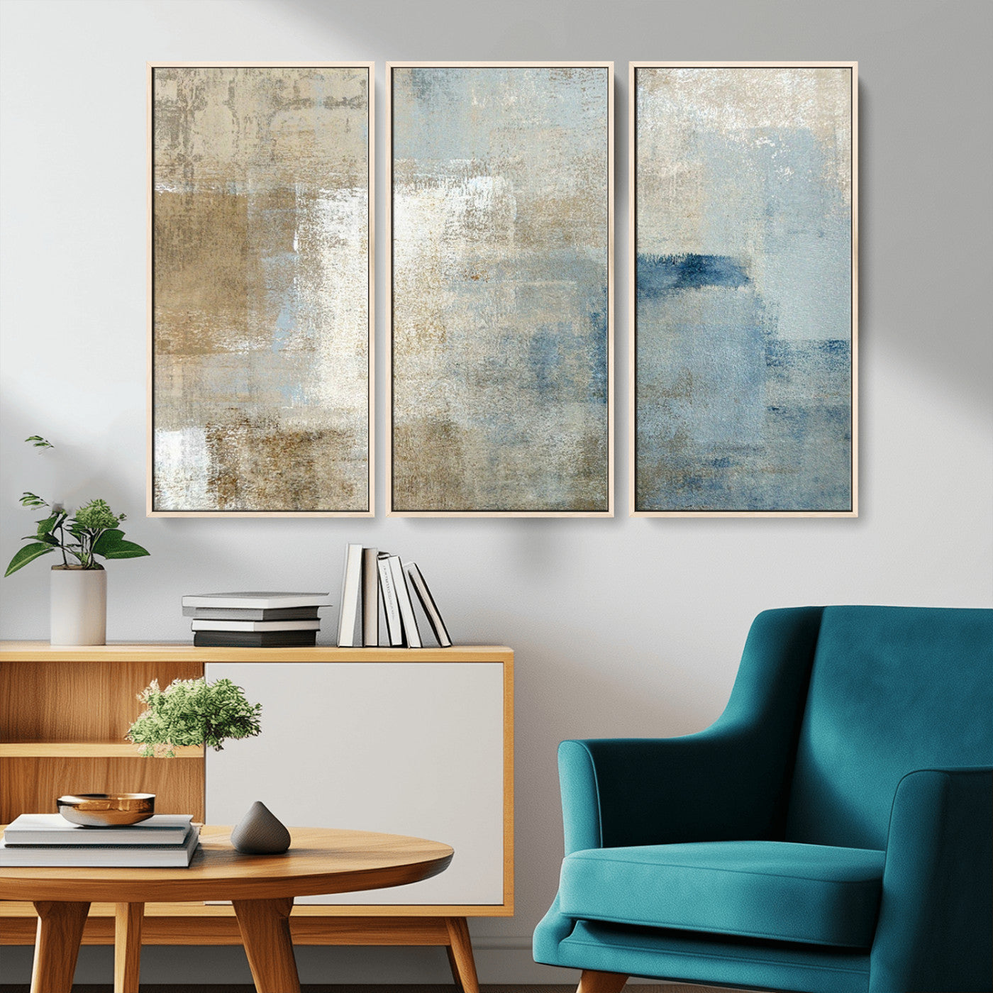 MGV-FC-48X32-3P - Abstract Blue and Beige Wall Art, Modern Minimalist Canvas Print Set, Giclee Textured Art, Large Multi-Panel Artwork for Living Room