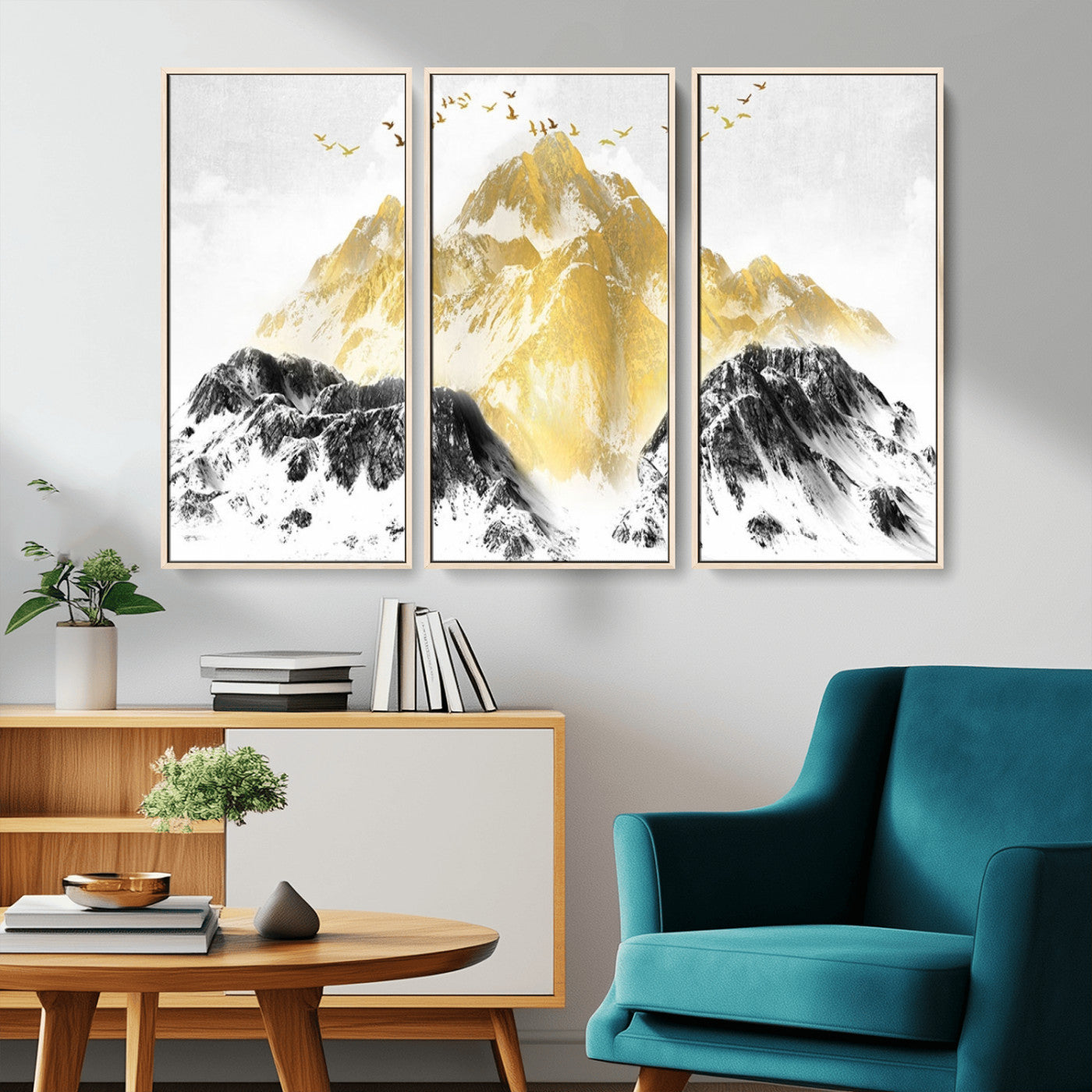 MGV-FC-48X32-3P - Golden Mountain Triptych Wall Art, Modern Giclee Canvas Print, Nature Landscape Decor for Living Room, Contemporary Gold and Black Wall Art