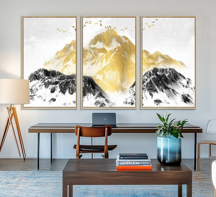 Golden Mountain Triptych Wall Art features gold-tinted mountains and birds.