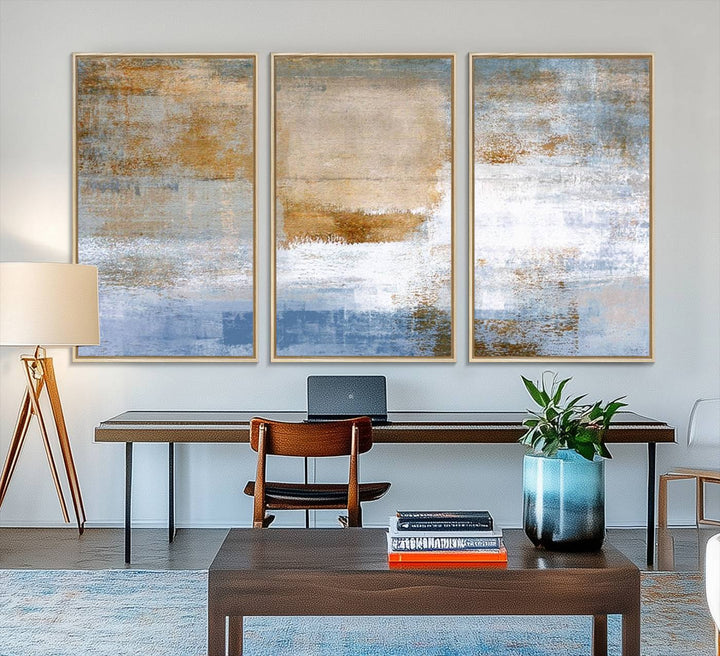 Blue Multi Panel Abstract Wall Art Canvas Print.