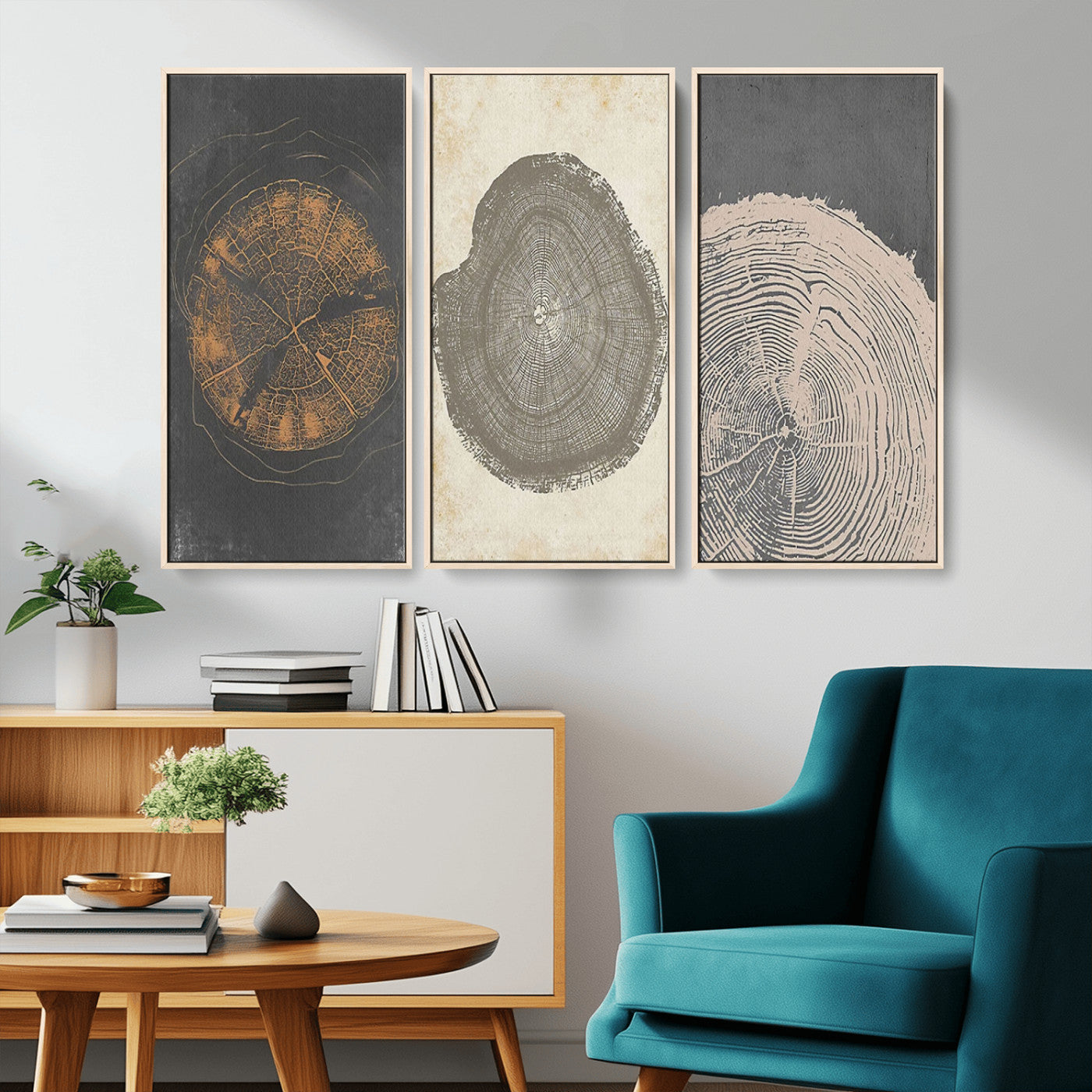 MGV-FC-48X32-3P - Boho Tree Ring Wall Art, Modern Minimalist Wood Grain Canvas, Tree Slice for Rustic Decor, Farmhouse Decor Giclee Canvas Print, Tree Ring Canvas Set