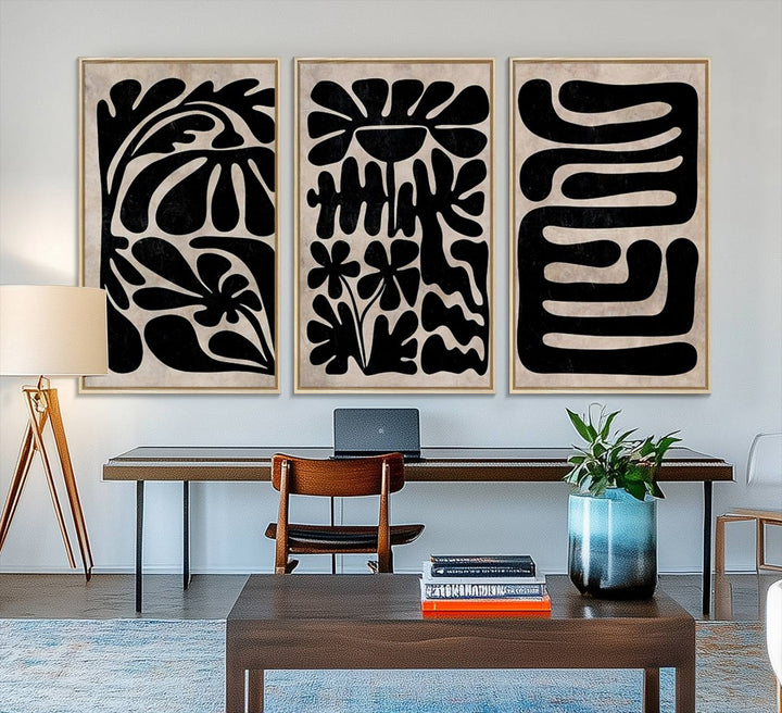 Canvas Print Wall Art Abstract Illustrs Art Boho features bold black patterns on a light background.