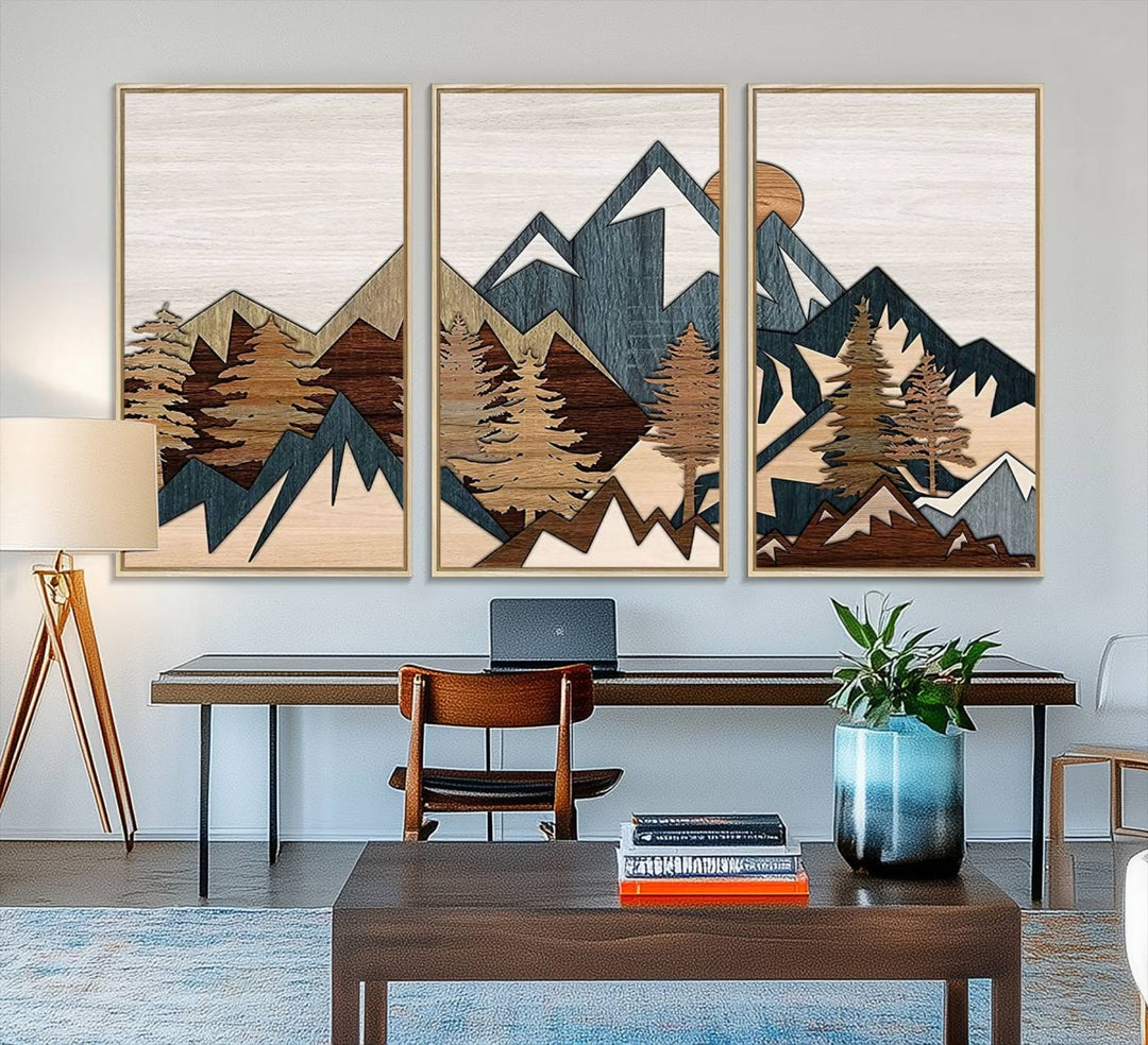 A Woodland Mountain Landscape Triptych serves as the centerpiece of the rustic decor.