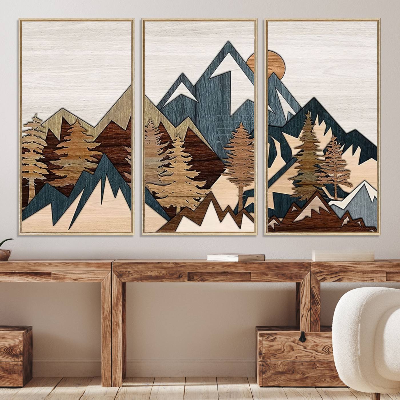 67950-MGV-CV-36X24-Rustic Abstract Wood Panel Effect Canvas Mountain Range Top Wood Wall Art Canvas Print