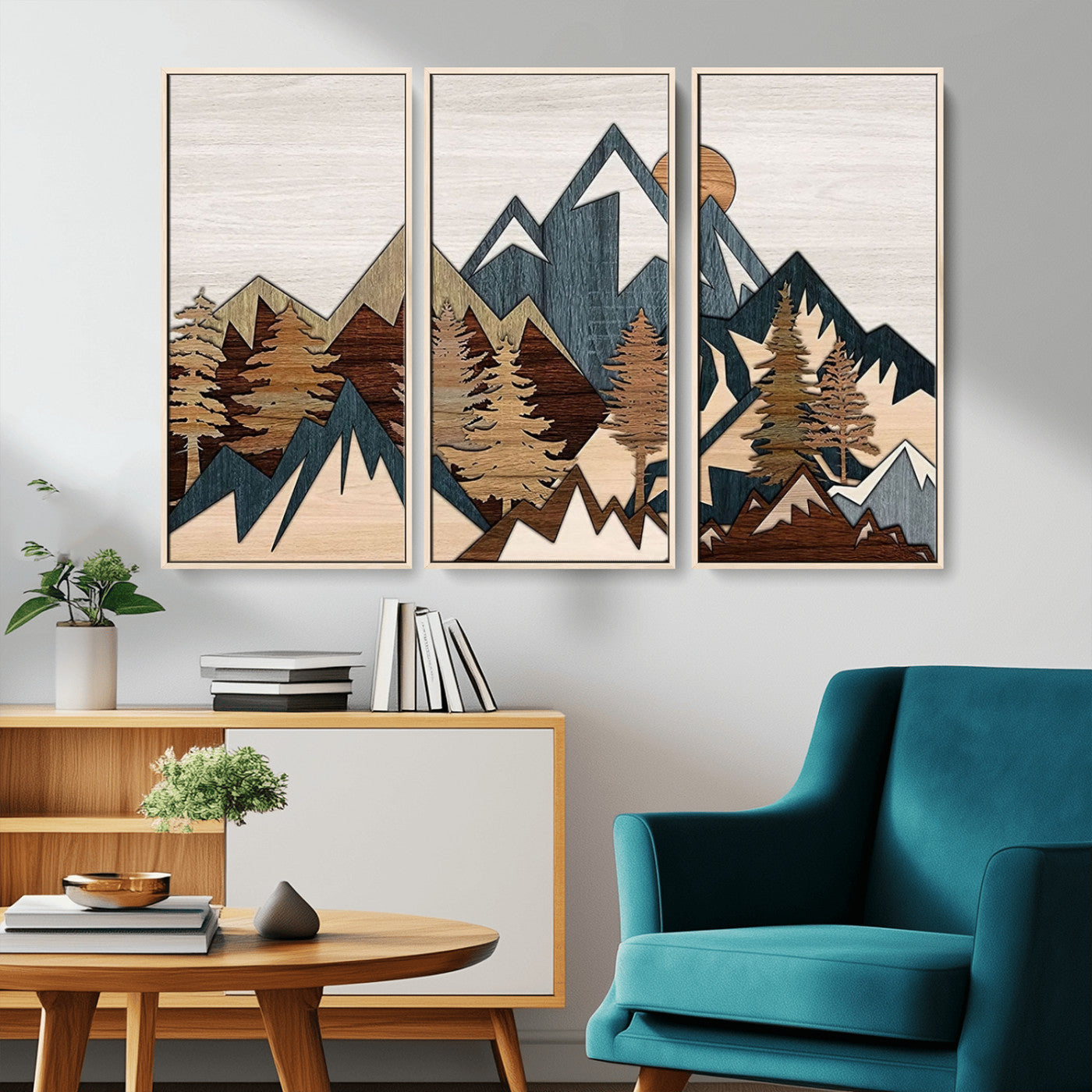 MGV-FC-48X32-3P - Rustic Abstract Wood Panel Effect Canvas Mountain Range Top Wood Wall Art Canvas Print