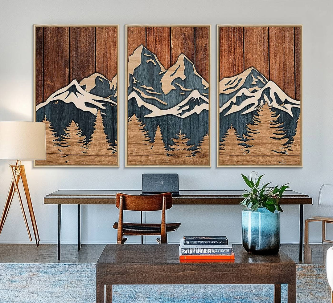 Rustic Wood Style Mountain Wall Art hangs on the wall.