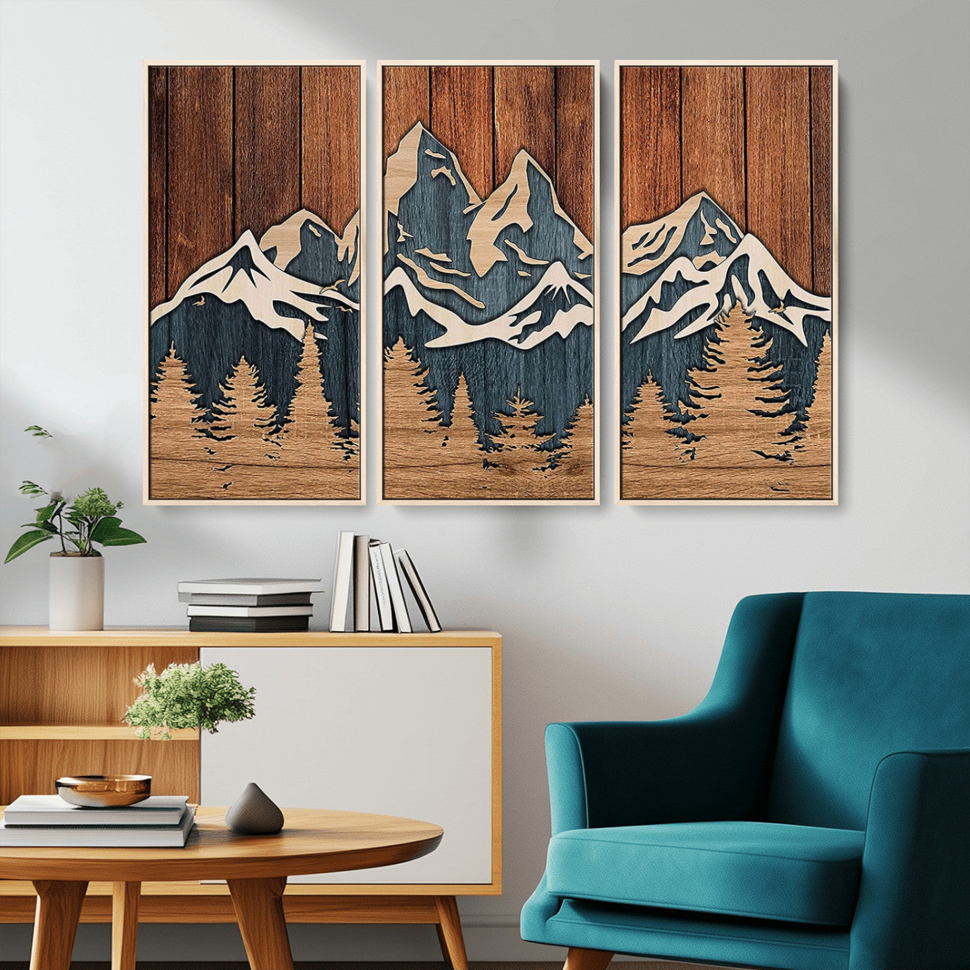 MGV-FC-48X32-3P - Rustic Wood Style Mountain Wall Art, Nature Forest Canvas Print, Wooden Textured Mountain Artwork, Handcrafted Landscape Decor for Farmhouse Decor