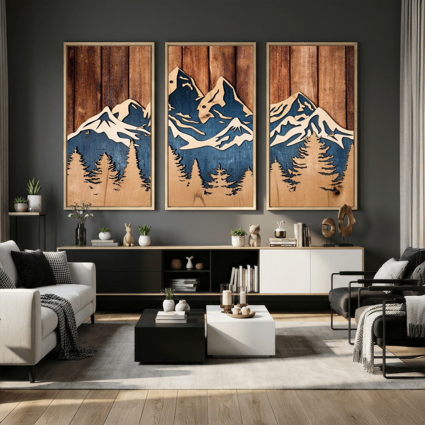 41330-MGV-CV-36X24 - Rustic Wood Style Mountain Wall Art, Nature Forest Canvas Print, Wooden Textured Mountain Artwork Print