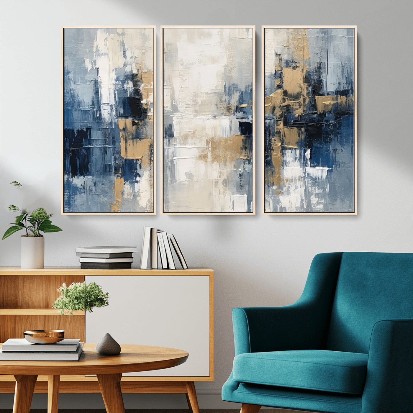 -Modern Abstract Canvas Wall Art in Blue and Gold Tones | Large Contemporary Art for Living Room,