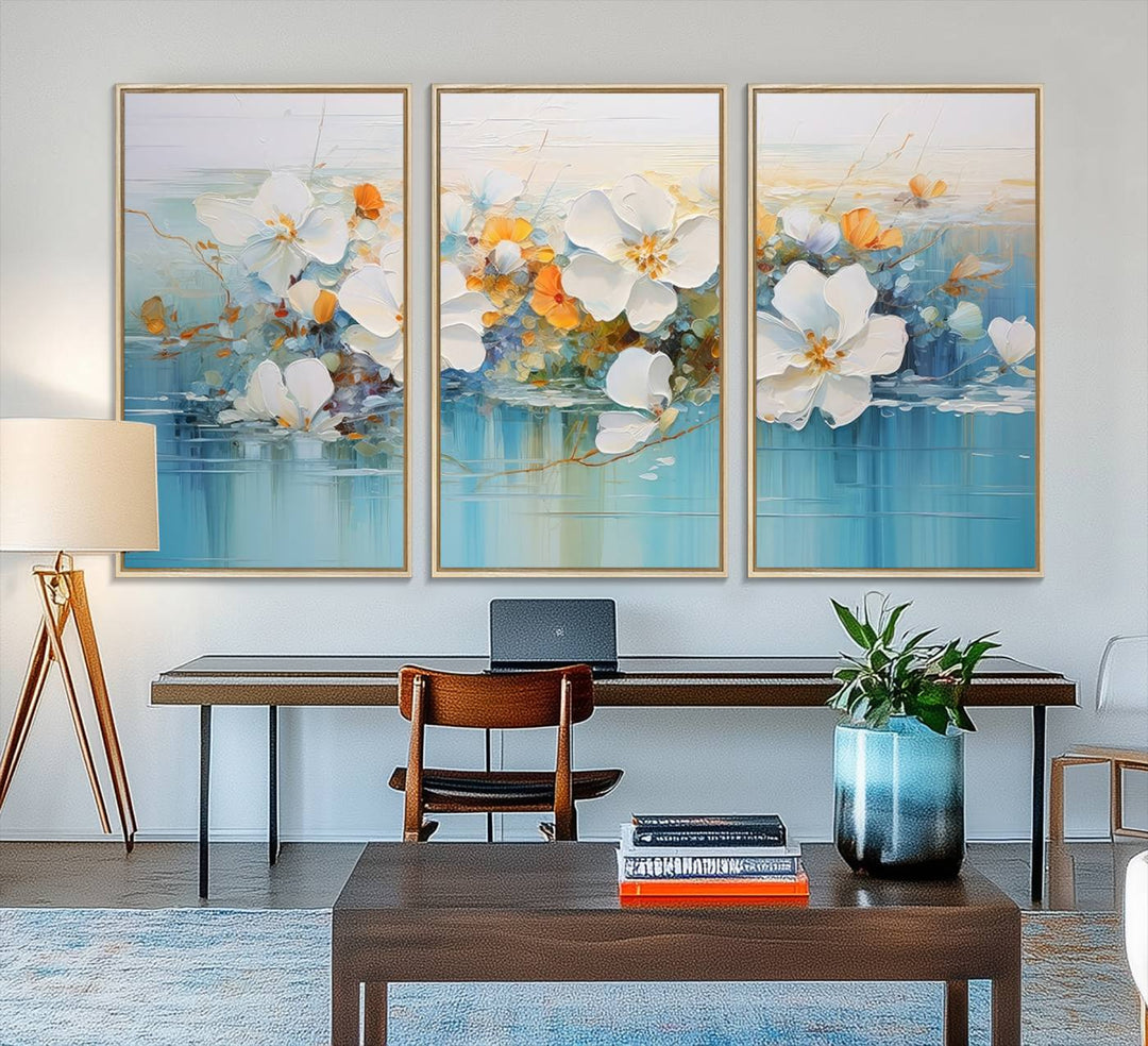 An Abstract Flower Wall Art Canvas Print in blue and orange hues.