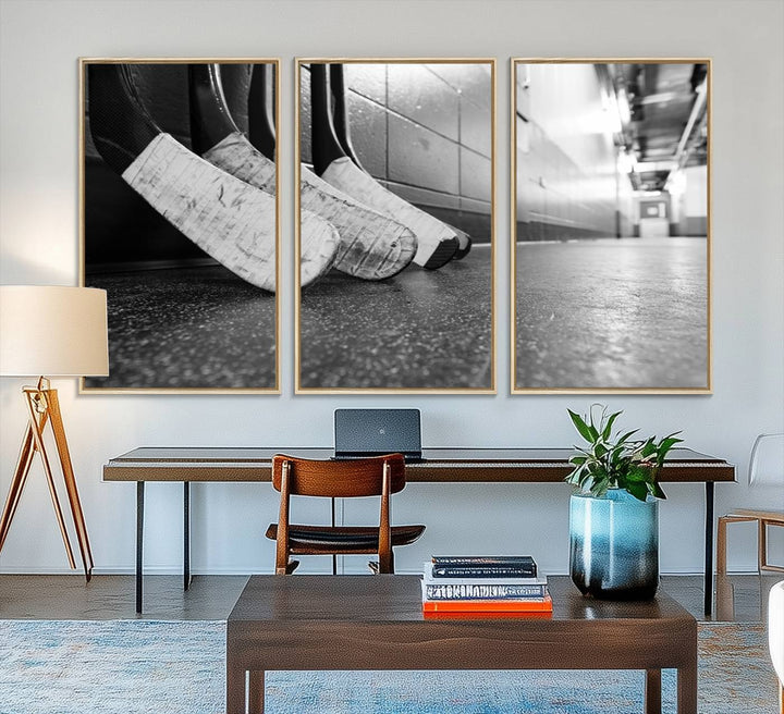 Ice Hockey Wall Art Canvas Print features a UV-protected black and white photo of hockey sticks.