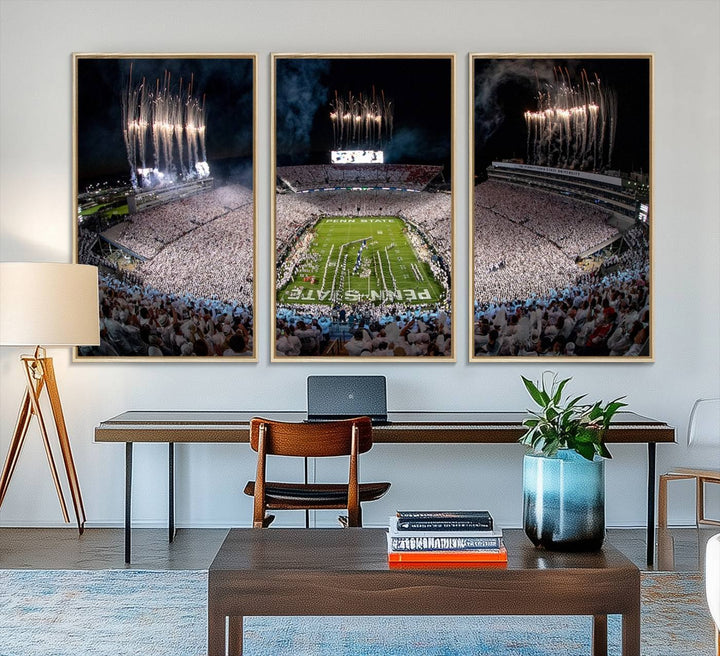 The perfect Penn State Football canvas wall art features a depiction of Beaver Stadium filled with fans in white, with fireworks exploding above.