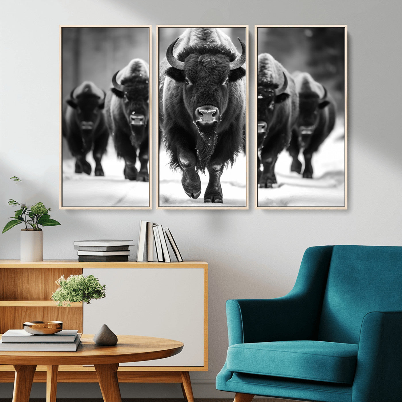 MGV-FC-48X32-3P - American Bison Art | Buffalo Herd Wall Art Canvas Print, BW American Bison Herd Wall Art Canvas Print