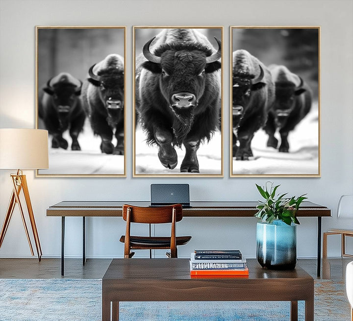 A black and white American Bison herd canvas print adorns the wall.