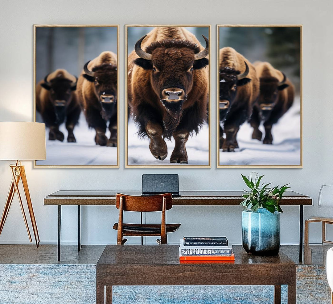 The dining room features an American Bison Herd Canvas Print against the snow.