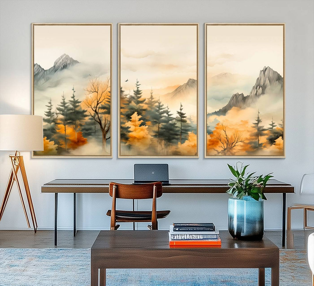 A wall art of Abstract Watercolor Mountains and Trees Autumn on museum-quality canvas.