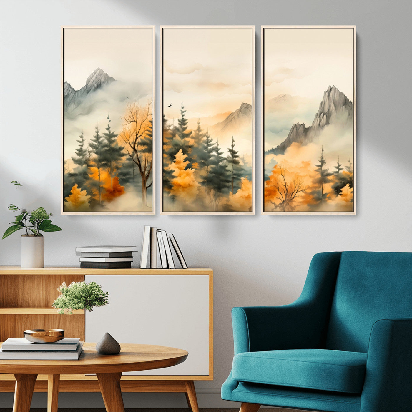 MGV-FC-48X32-3P - Abstract Watercolor Mountains and Trees Autumn Art, Watercolor Mountains and Trees Canvas Print