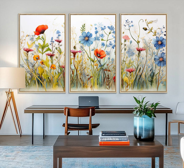 The vibrant Colorful Wildflower Canvas Wall Art adorns the wall.