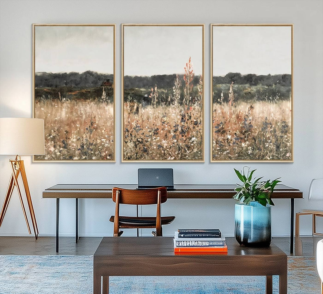 A dining room featuring the Abstract Wildflower Art Field Landscape Oil Painting Print.