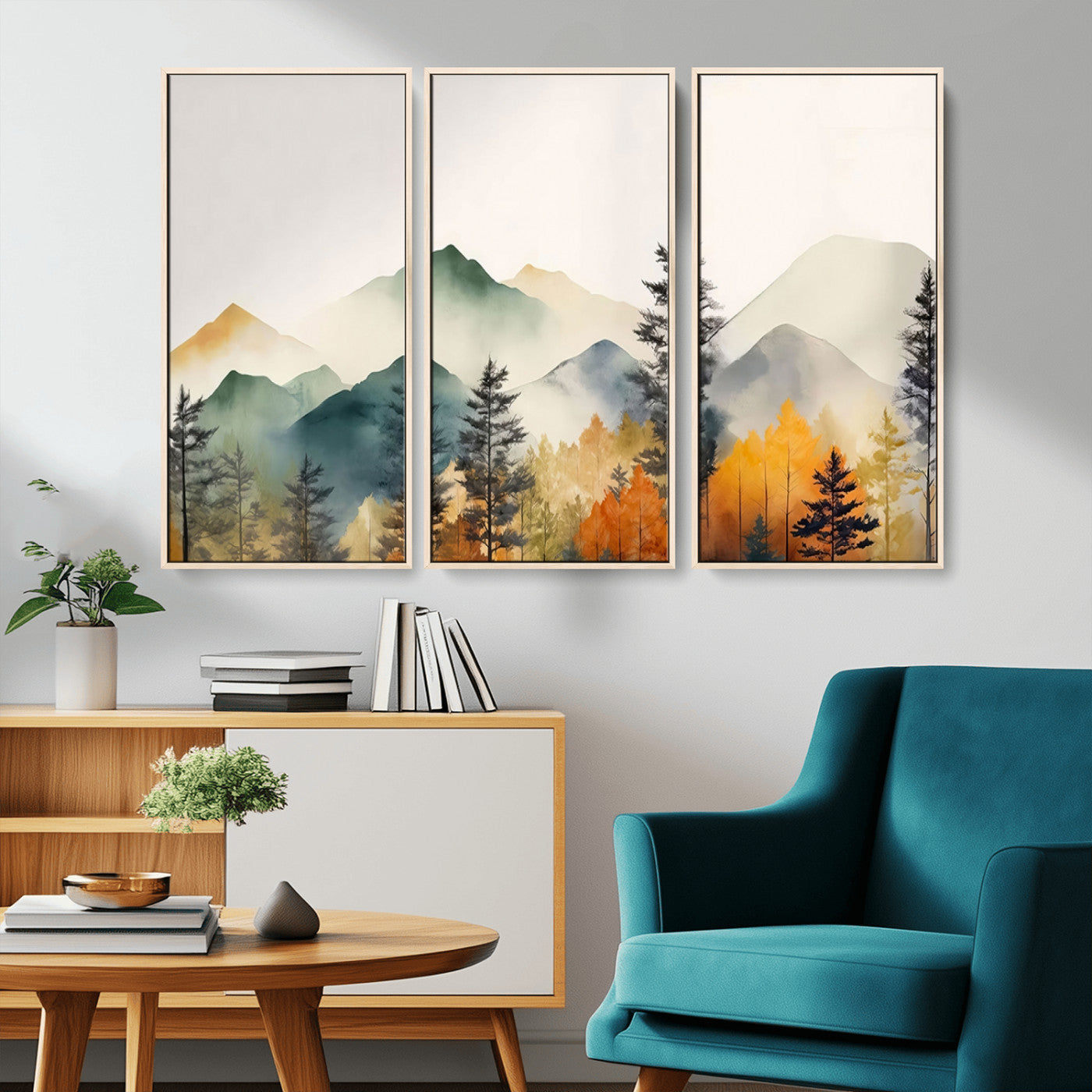 MGV-FC-48X32-3P - Abstract Watercolor Mountains and Trees Autumn Wall Art, Mountains and Trees Autumn Wall Art Canvas