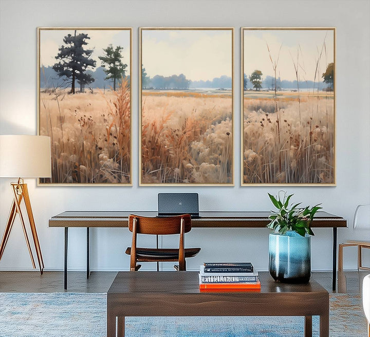 The Golden Fields Canvas Art Print, depicting a serene landscape, adds tranquility with its presence.