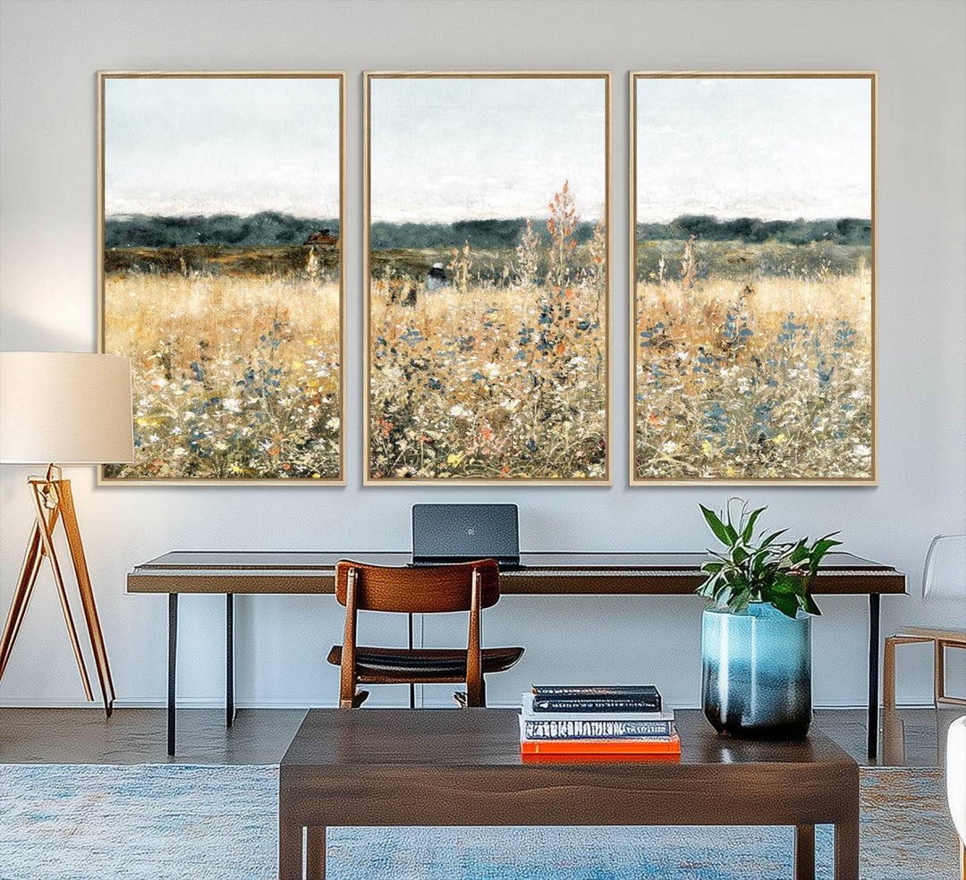 The Wildflower Field Wall Art adds a rustic touch to the space.