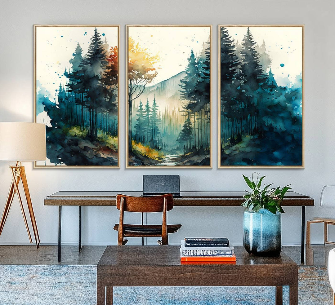 The Watercolor Trees Forest Abstract canvas print is displayed prominently.