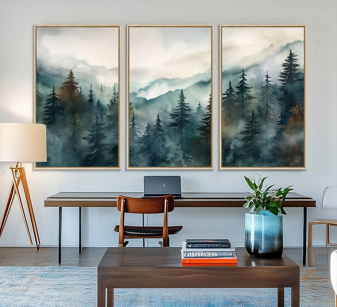 Serenity Forest Wall Art Canvas above the table adds a nature-inspired vibe to the space.