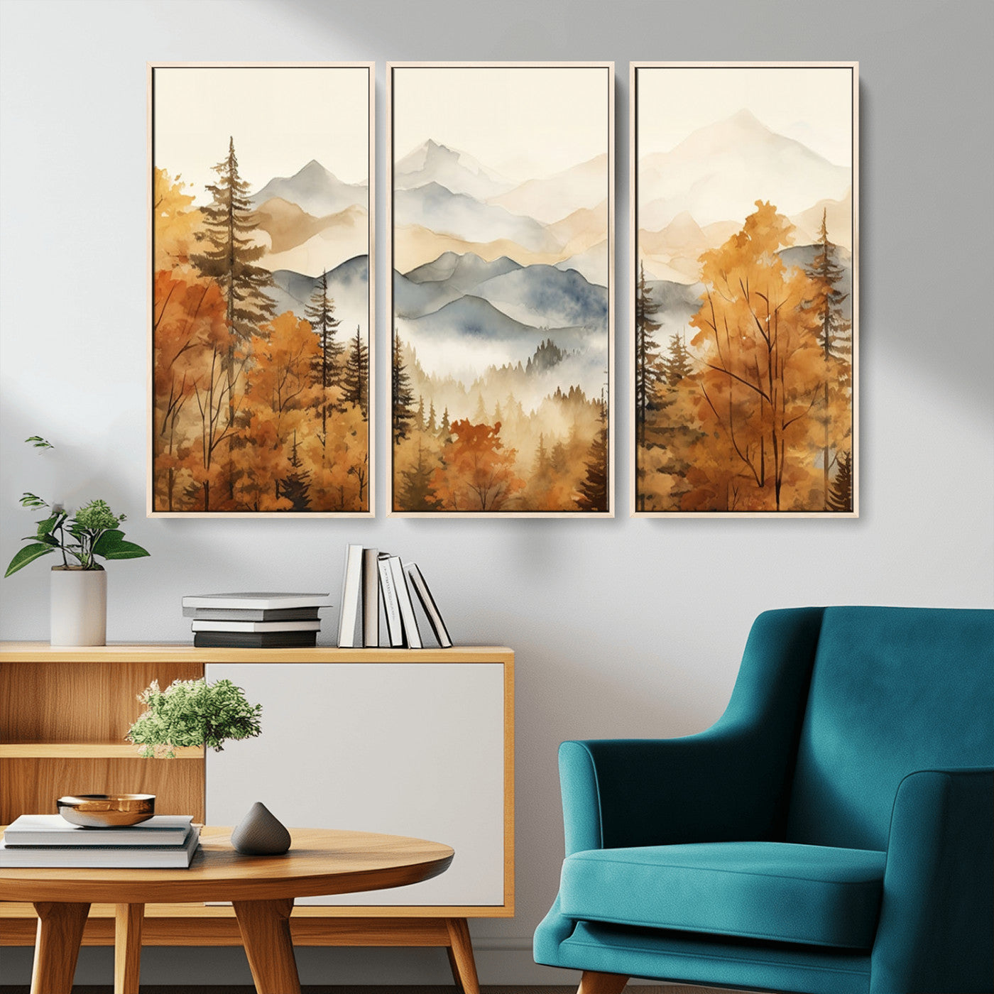 MGV-FC-48X32-3P - Golden Autumn Forest Wall Art | Mountain Landscape Canvas Print for Living Room or Bedroom | Large Wall Decor with Nature-Inspired Design