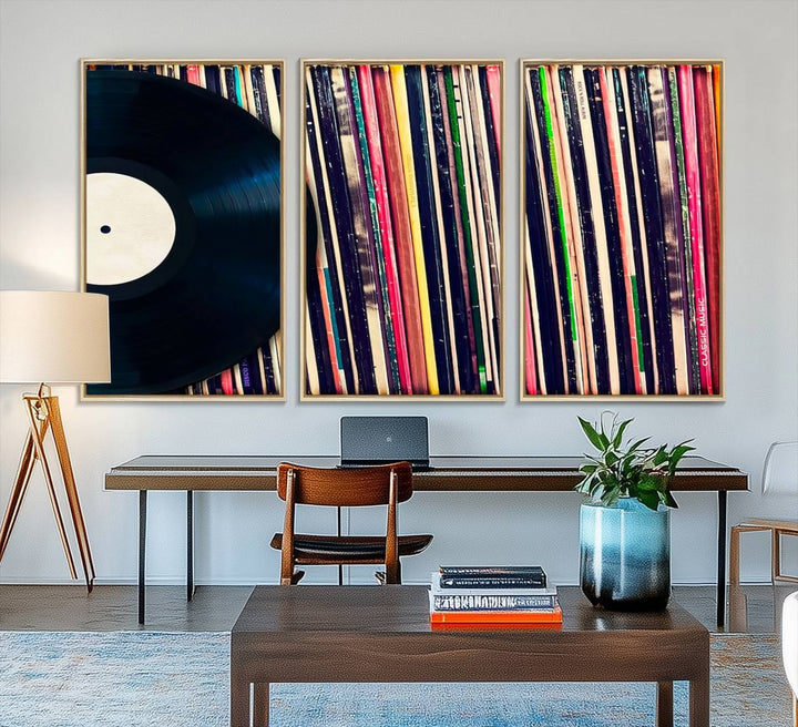 The Vinyl Record and Album Collection Canvas above the dining table enhances the modern kitchen, creating a perfect aesthetic for vintage vinyl lovers.