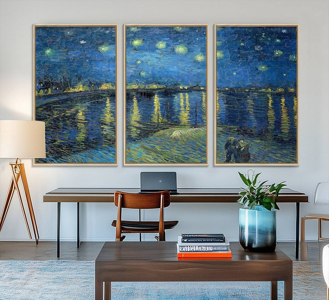 A Vincent van Gogh Starry Night over the Rhone canvas print is displayed on a porch.