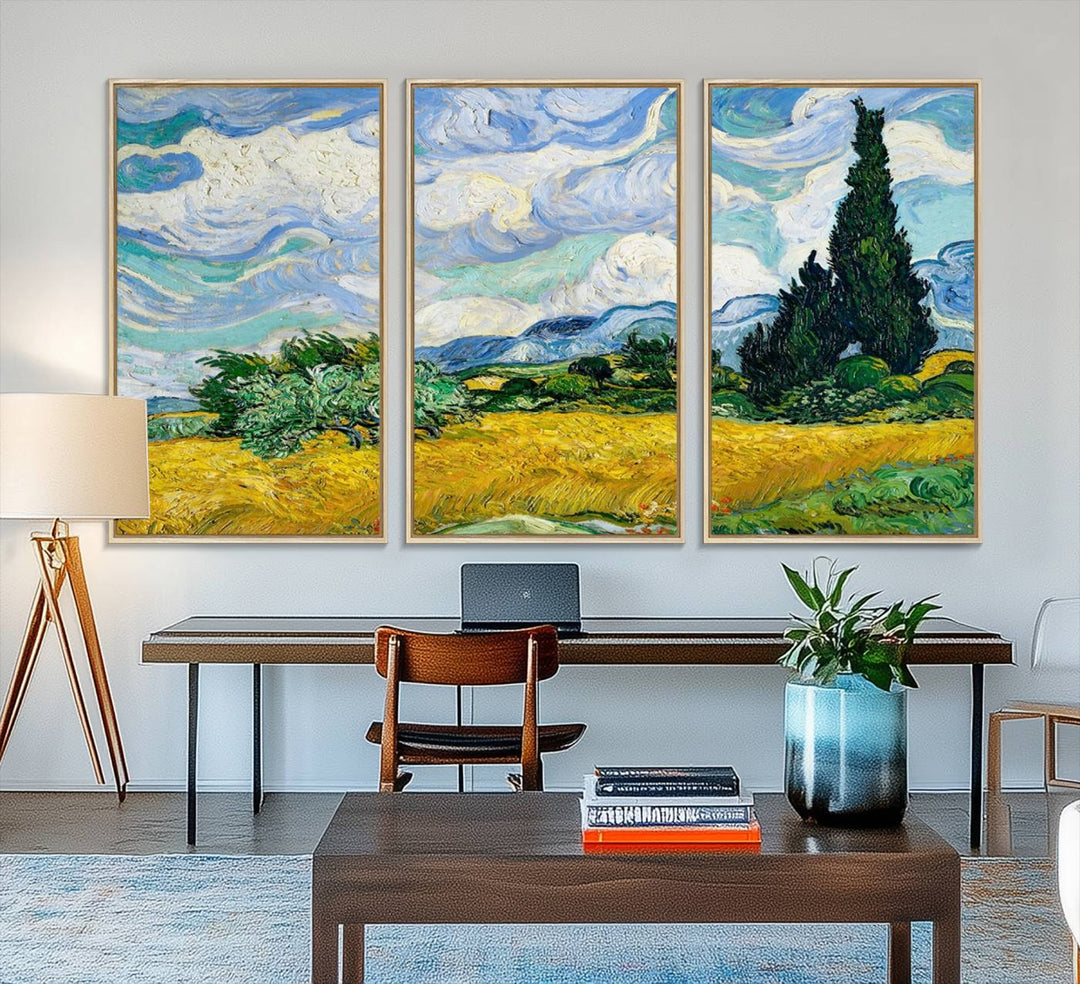 A kitchen featuring Wheatfield With Cypresses Van Gogh canvas wall art.