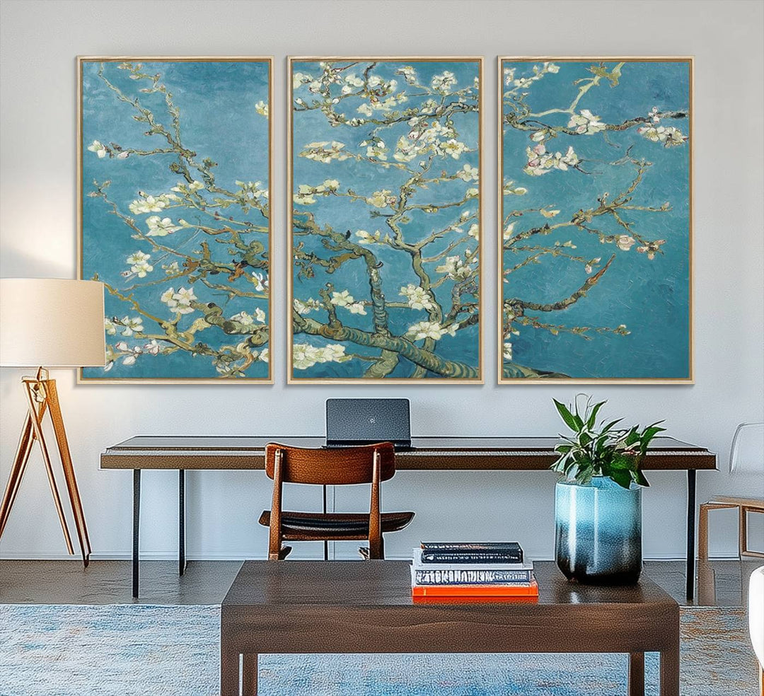 The wall art, Vincent Van Goghs Almond Blossom, stands out with its vibrant depiction against a serene blue background.